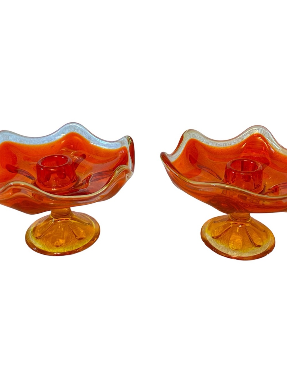 2 Viking Glass Epic Amber Pedestal Candle Holders 6-Petal NO CHIPS BEAUTIFUL!